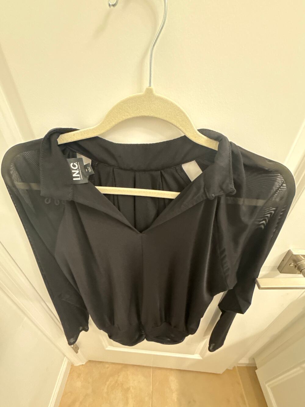 INC Black Sheer Mesh Long-Sleeve Top size M